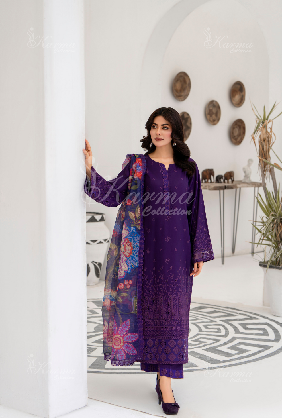 KC- 1391 | Plum | 3 Pc | Chikenkari Cotton Lawn | Karma Collection