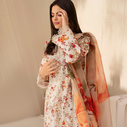 Multi floral Print Cotrai dhanak with pasmina wool shawl 3 Pc - Karma Collection | UMKC0601