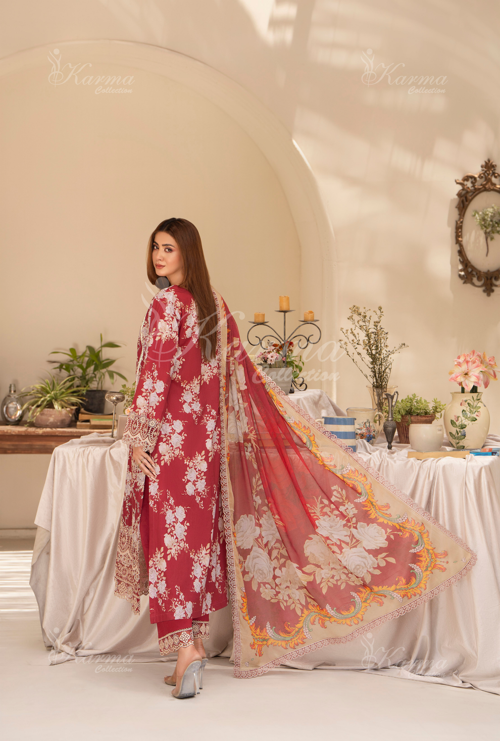 (Blush Red) Chickenkari Cotton Lawn 3 Pc - Karma Collection