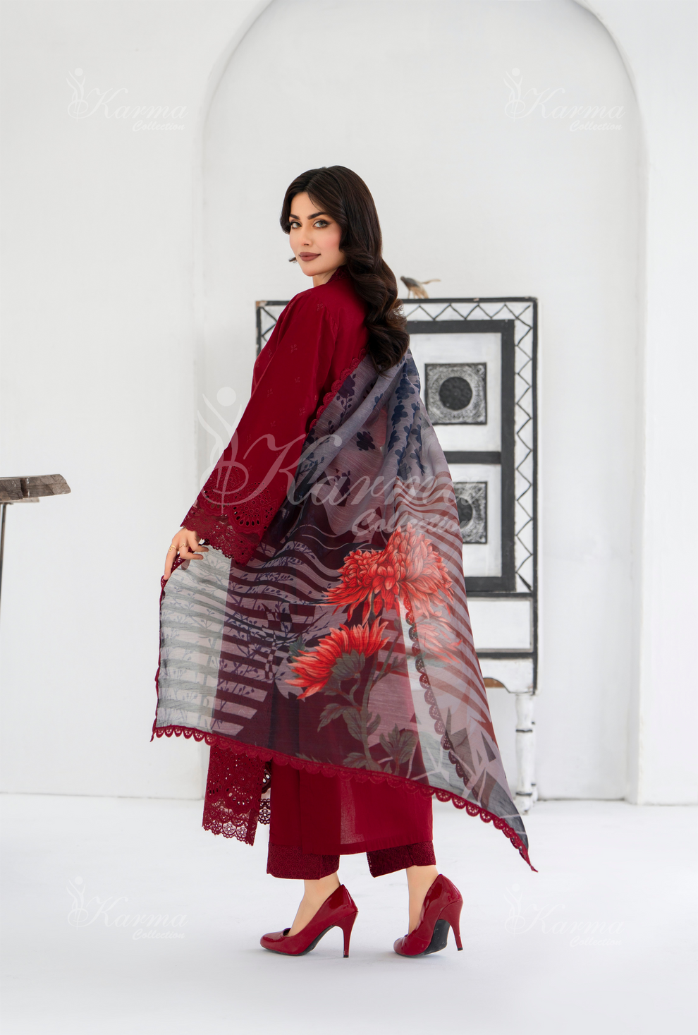 KC- 1393 | Rose Red | 3 Pc | Chikenkari Cotton Lawn | Karma Collection