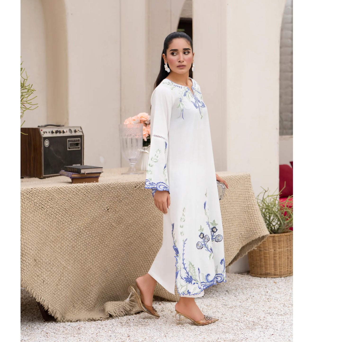 UA-247 Embroidered Cambric Cotton Kaftan Style Co-Ord Set Asian Wear | Umnaa