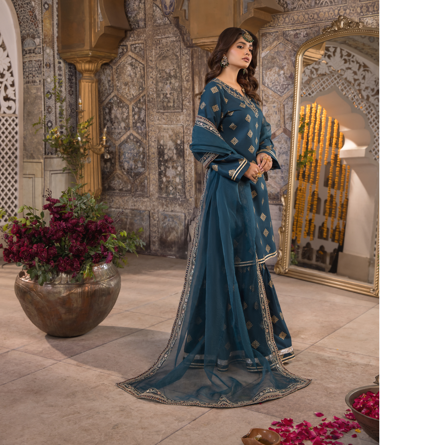 UHE-49 (Teal blue) 3 Pc Embroidered Cambric Cotton ready to wear Dress | Eid Wear | Heera's