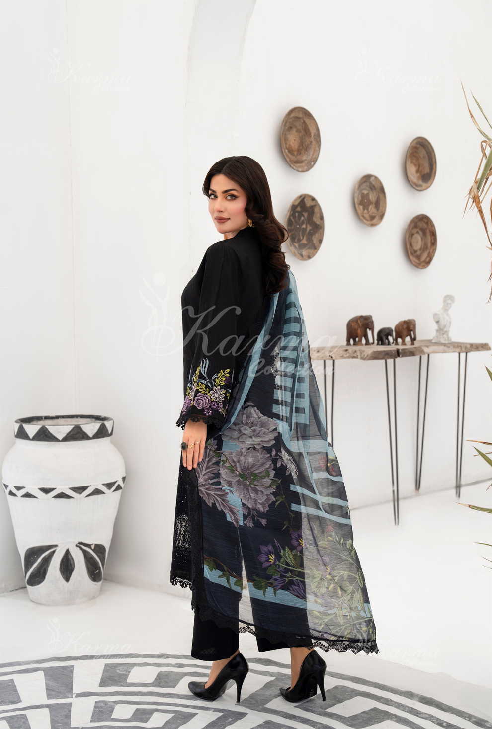 KC- 1389 | Black | 3 Pc | Chikenkari Cotton Lawn | Karma Collection l