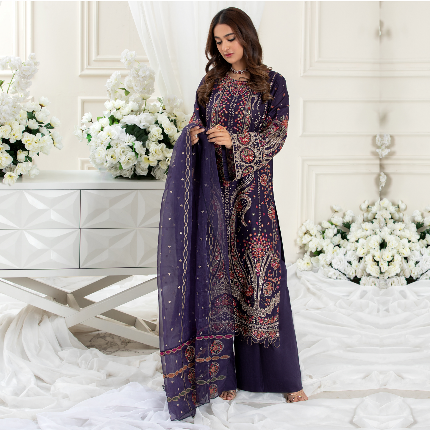 (Blue) 3 Pc Embroidered Viscose Ready to Wear Dress | Winter Wear | Heera's