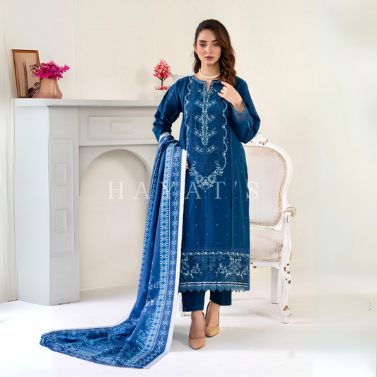 (Teal Blue) 3 Pc Embroidered Khaddar Collection with Shawl | Ready to wear| Hayats