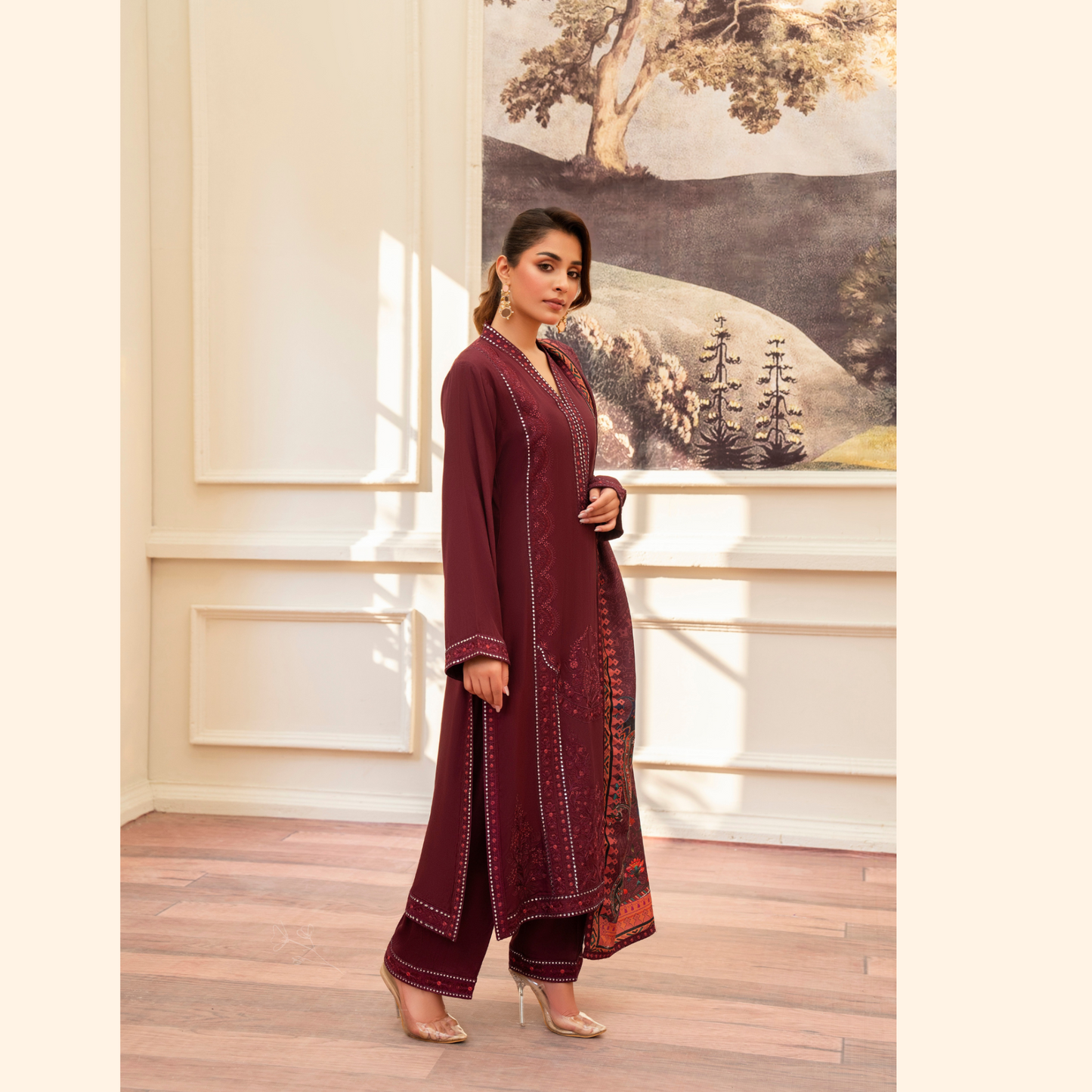 (MAROON) 3Pc Ready to Wear Embroidered Printed Collection | Karma Collection | UMKC0805