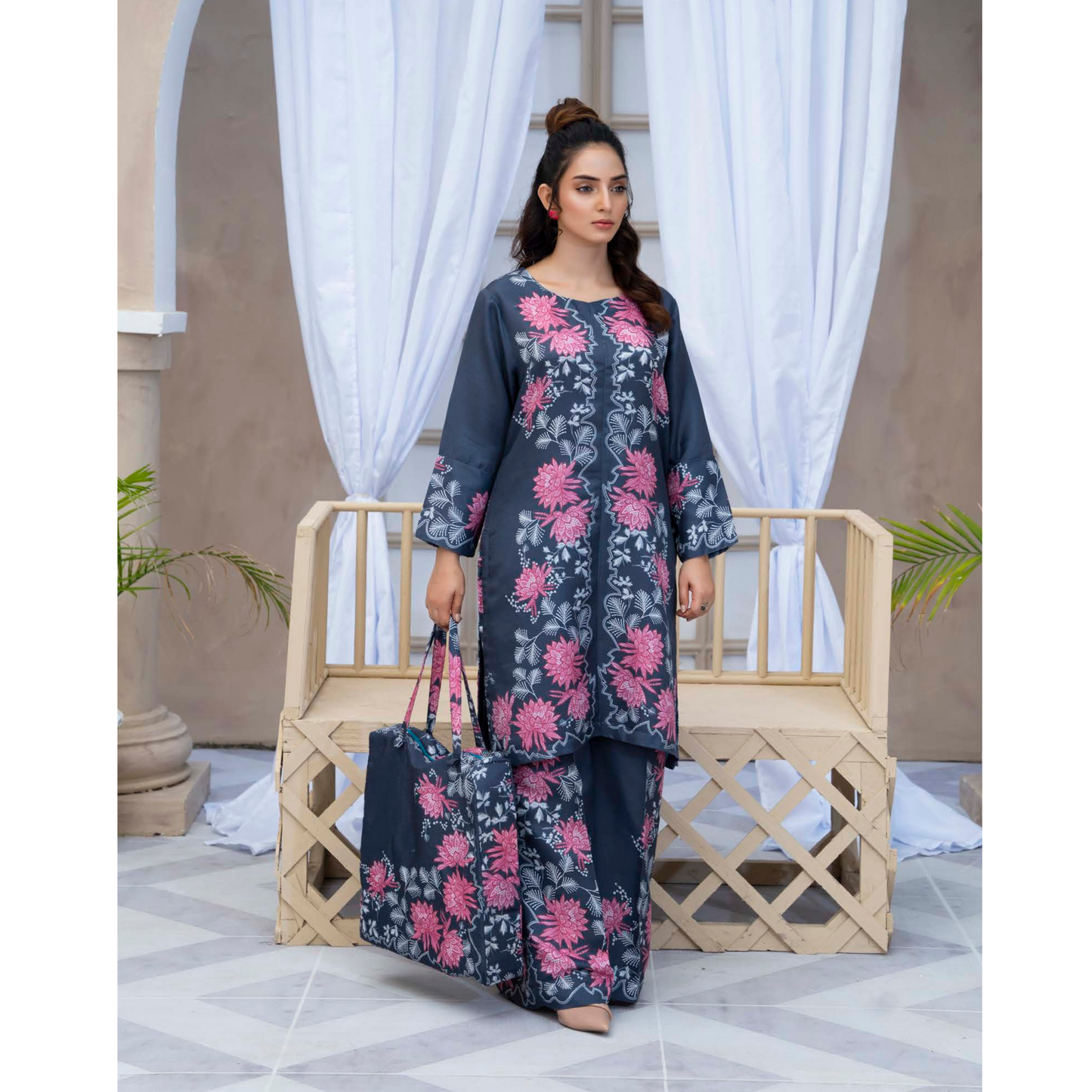 2 Printed Pakistani Co-Ords Set with Bag | Ready to Wear | Raniya.h | UMRAH0901