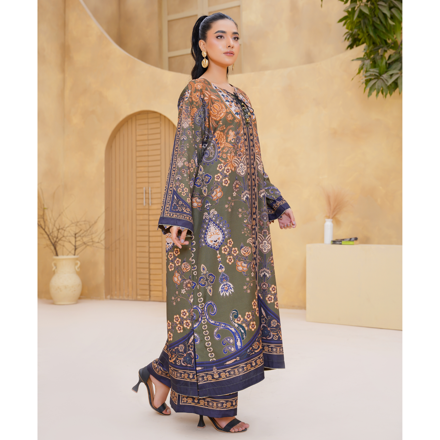 UA-157 Printed Slub Khaddar Kaftan Co-Ord Set | Winter 2 Piece Outfit