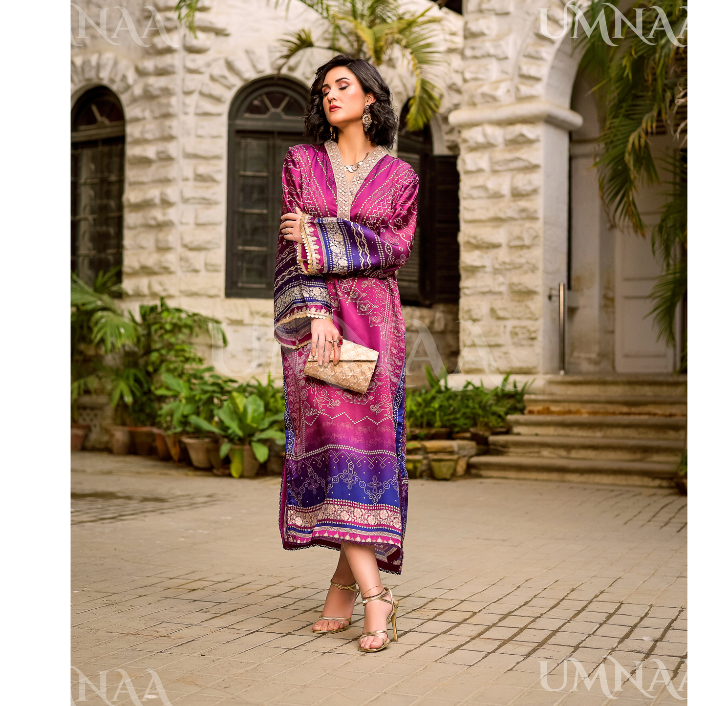 UA-160 Printed Silk kaftan Style long Maxi 1 PC  | Ready to wear | Umnaa