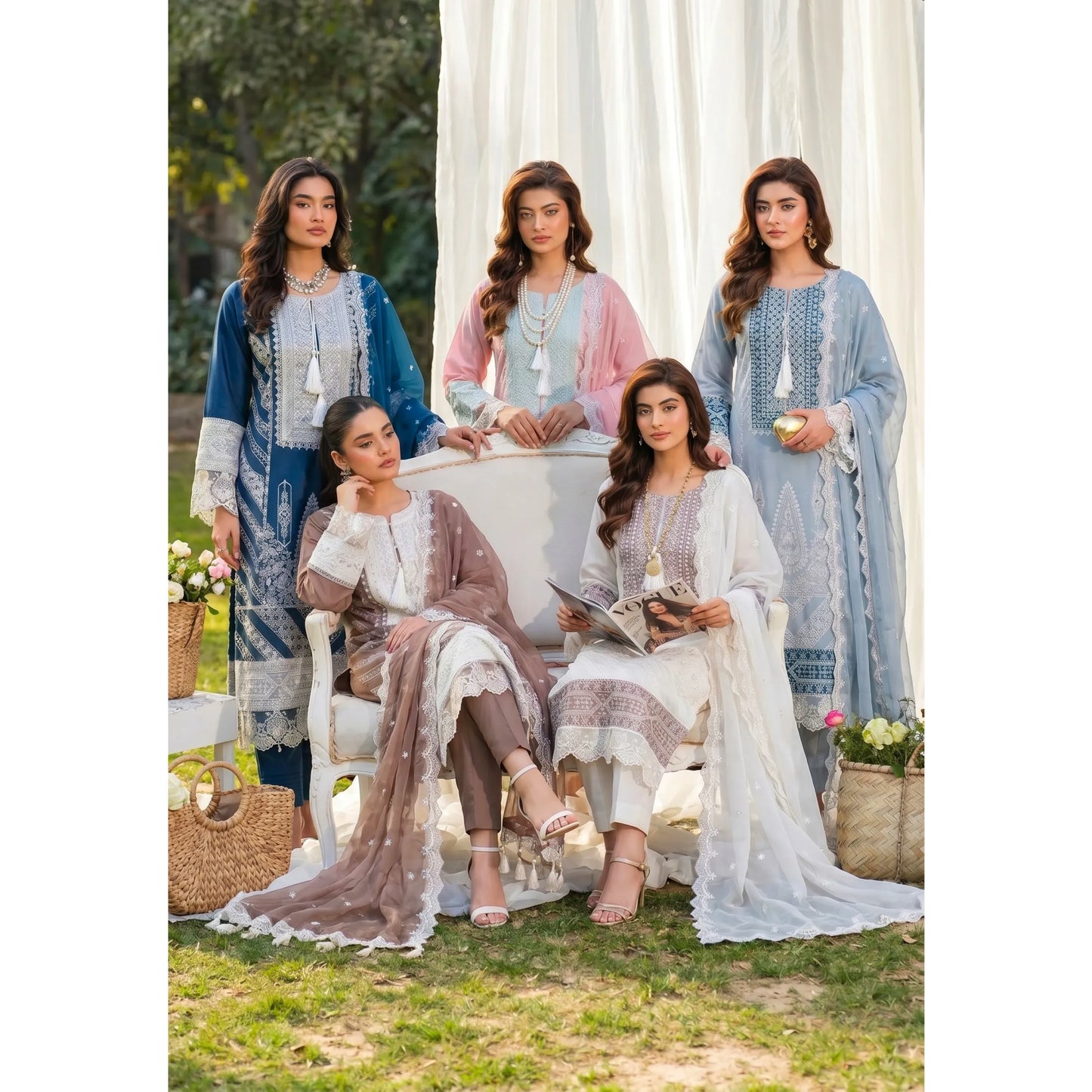 UB-02 3 Pc Embroidered Linen Dress With Embroidered Chiffon Dupatta  By UB