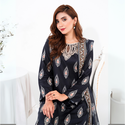 (Black) 3 Pc Printed Floral Embroidered Linen Dress Winter Wear | Raniya.h