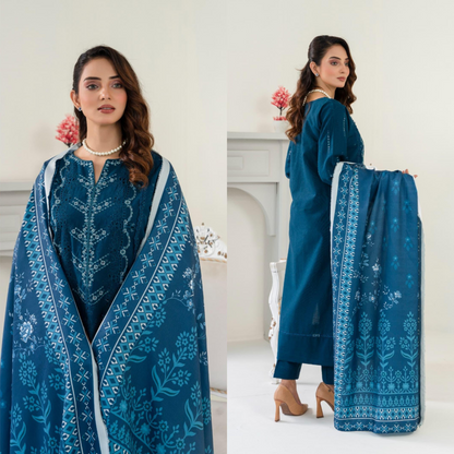 (Teal Blue) 3 Pc Embroidered Khaddar Collection with Shawl | Ready to wear| Hayats