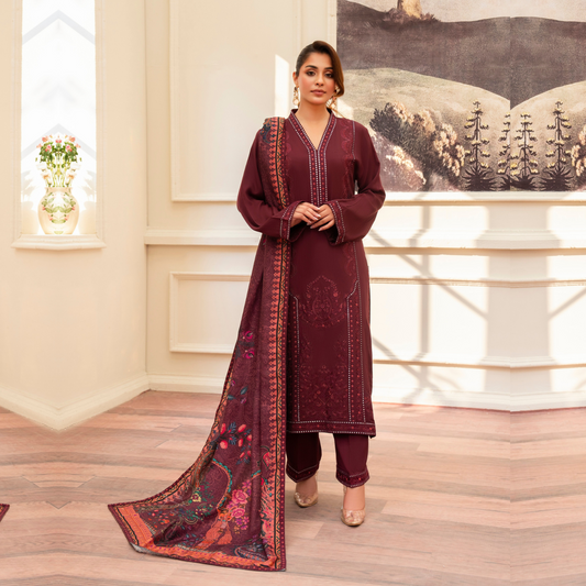 (MAROON) 3Pc Ready to Wear Embroidered Printed Collection | Karma Collection | UMKC0805