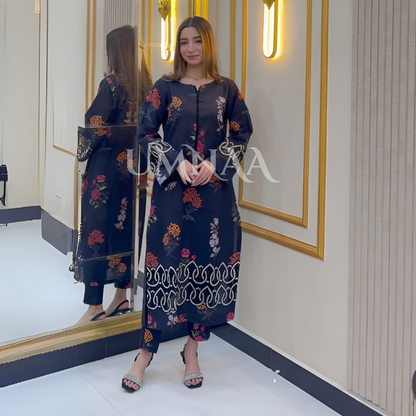 UA-37 (Black) Printed Embroidered Khaddar 3 Pc Dress | Ready to wear | UMNAA