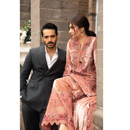 (Peach Pink) Embroidered Luxury Velvet Palachi Dress | 3 Pc | Winter Collection | MARIA.B