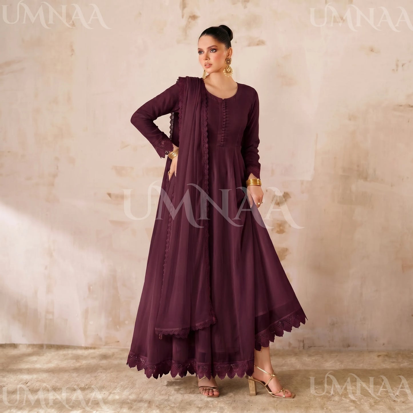 UA-204 Luxury Embroidered Chiffon Frock Collection 3 Pc | Ready to Wear | Umnaa
