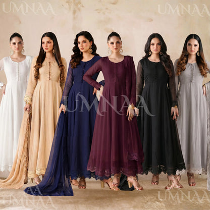 UA-204 Luxury Embroidered Chiffon Frock Collection 3 Pc | Ready to Wear | Umnaa