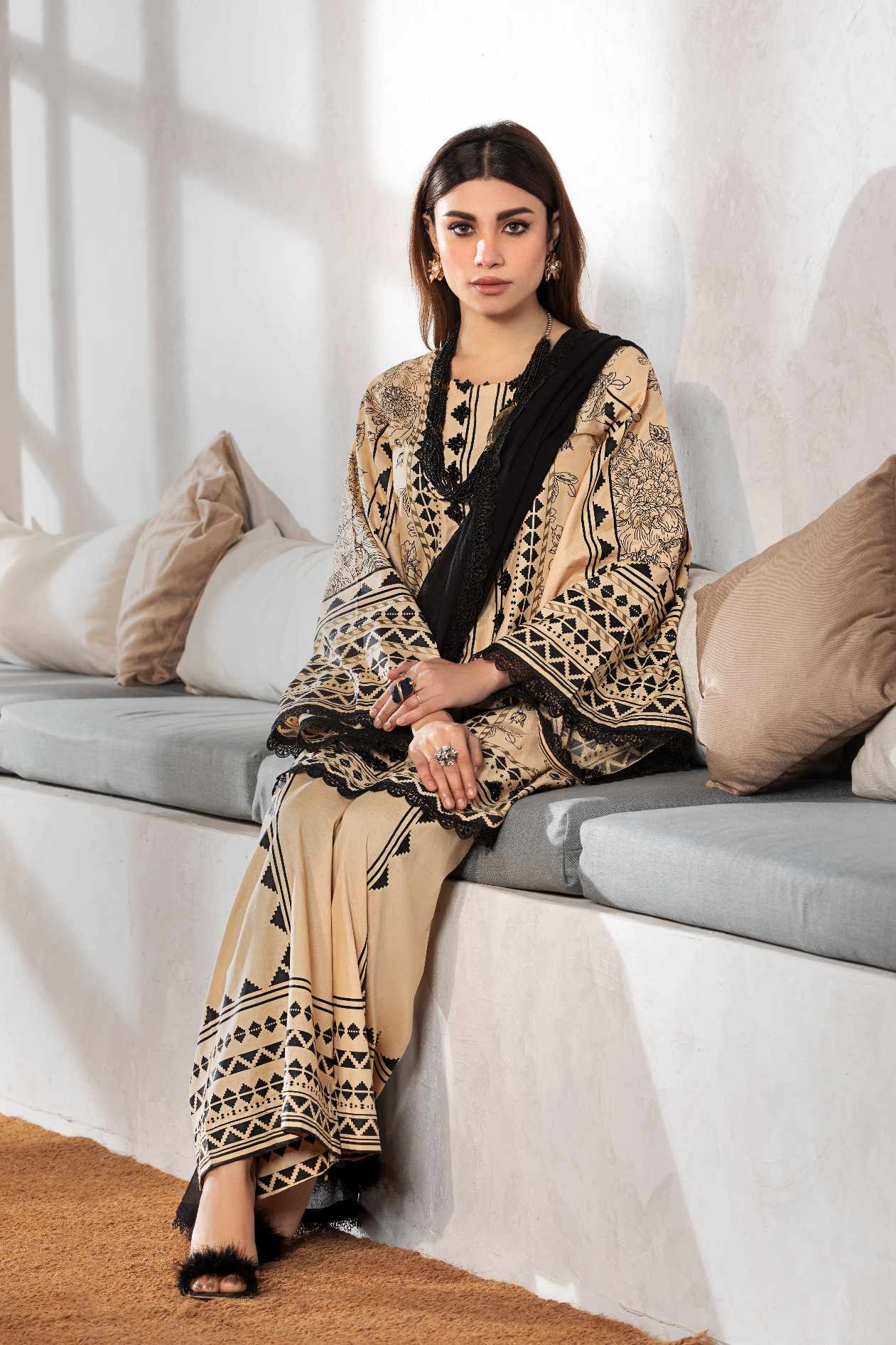 DUSKY MOUSE 3 Pc Cambric Cotton Embroidered Dress with Chiffon Dupatta - Heera's
