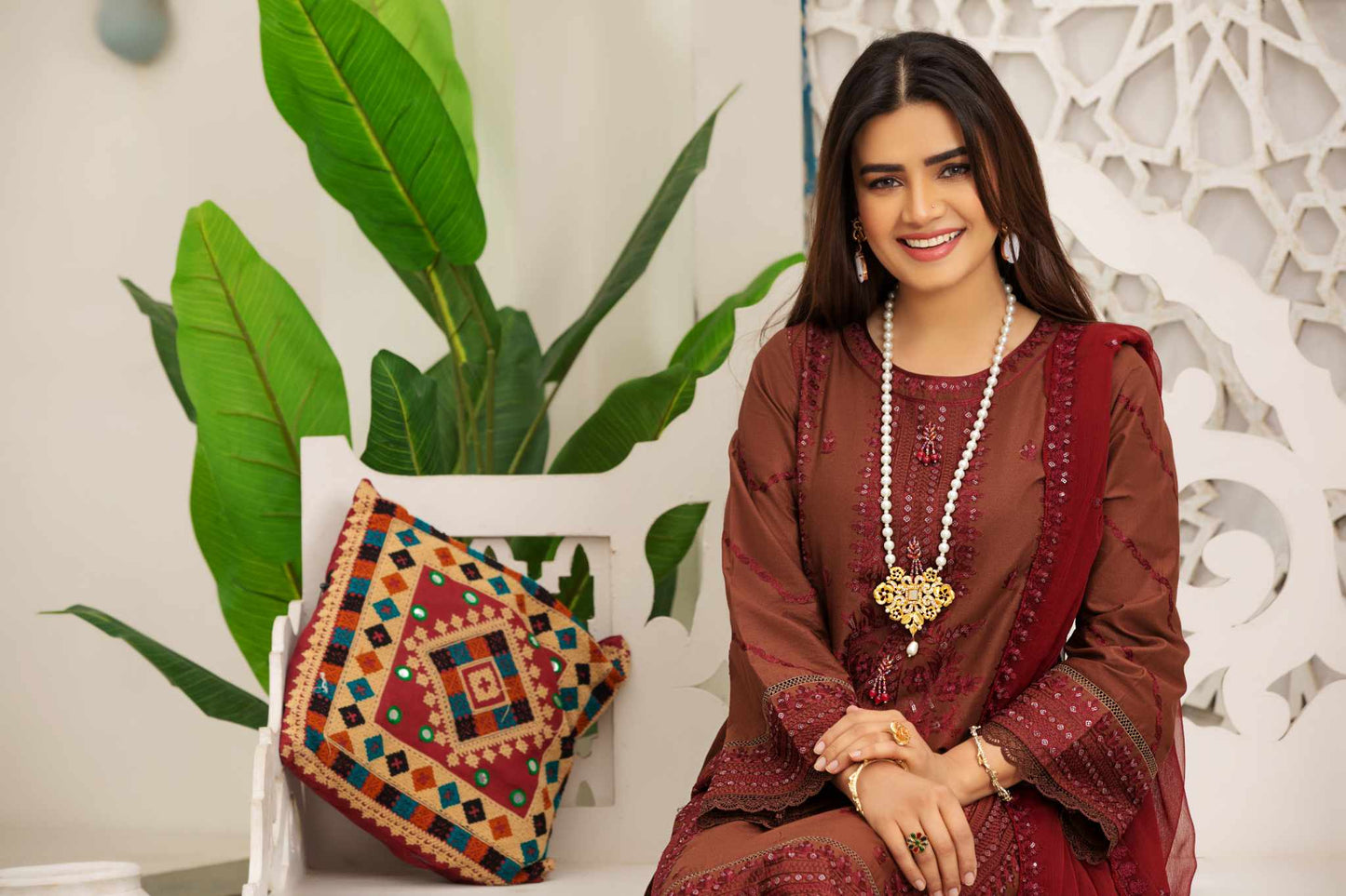 LUSH MAROON 3 Pc Cambric Cotton Embroidered Dress with Chiffon Dupatta - Heera's