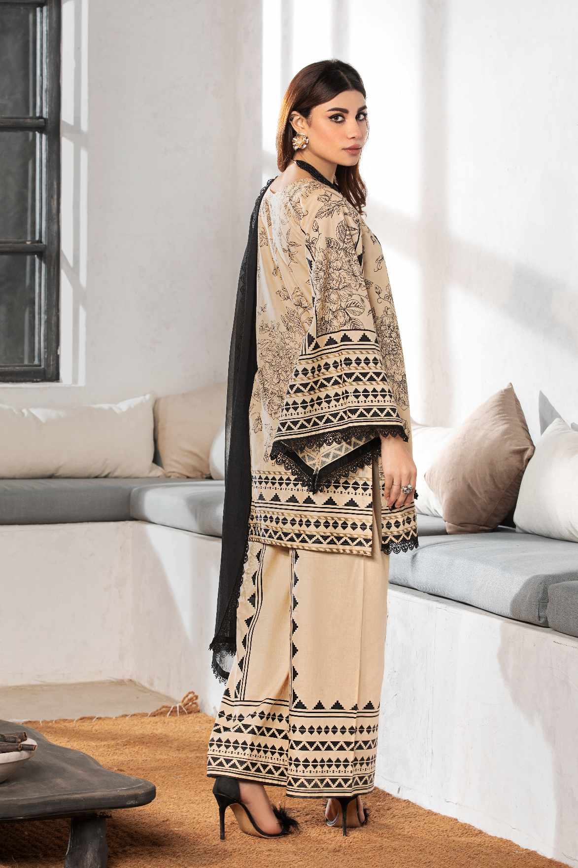 DUSKY MOUSE 3 Pc Cambric Cotton Embroidered Dress with Chiffon Dupatta - Heera's