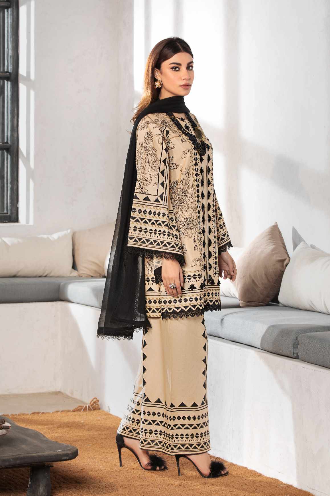DUSKY MOUSE 3 Pc Cambric Cotton Embroidered Dress with Chiffon Dupatta - Heera's