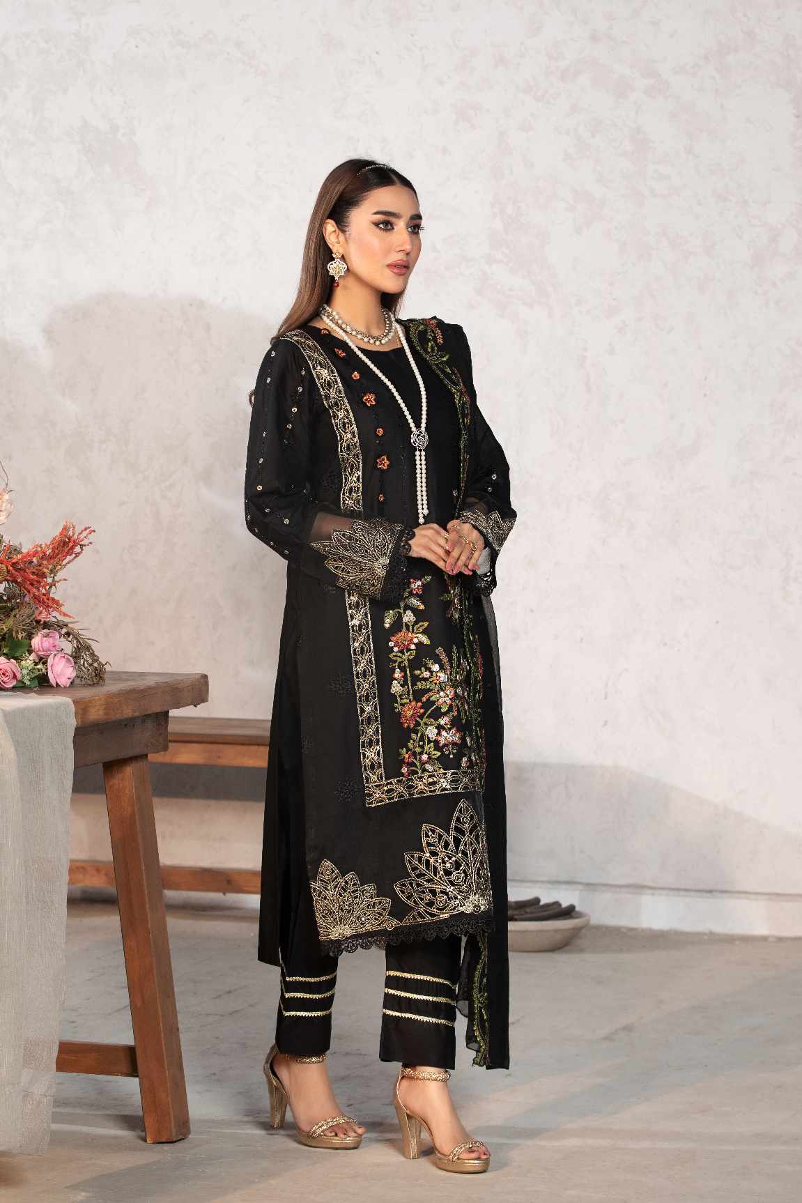 LUSH BLACK FLORA 3 Pc Cambric Cotton Embroidered Dress  - Heera's