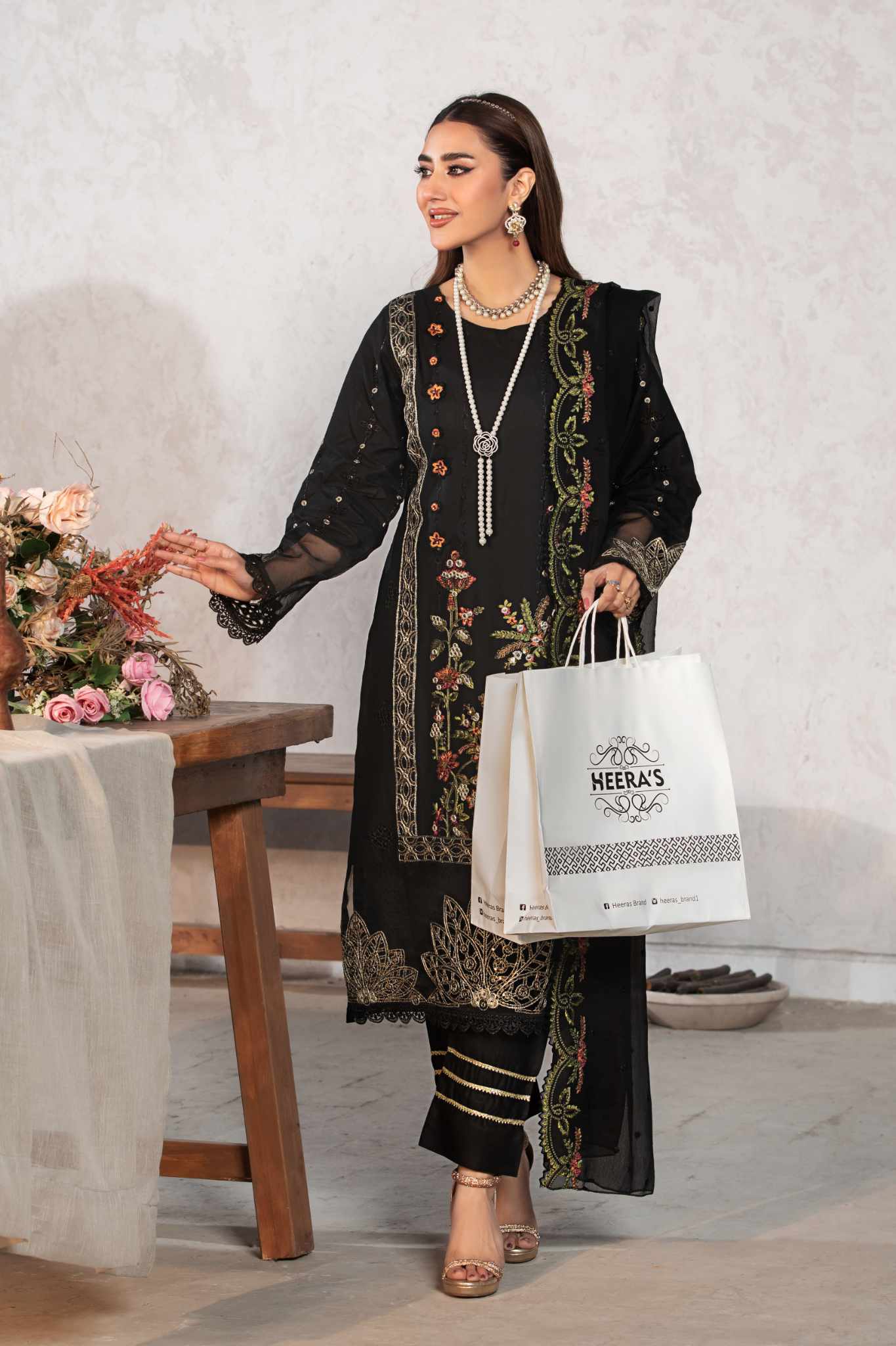 LUSH BLACK FLORA 3 Pc Cambric Cotton Embroidered Dress  - Heera's