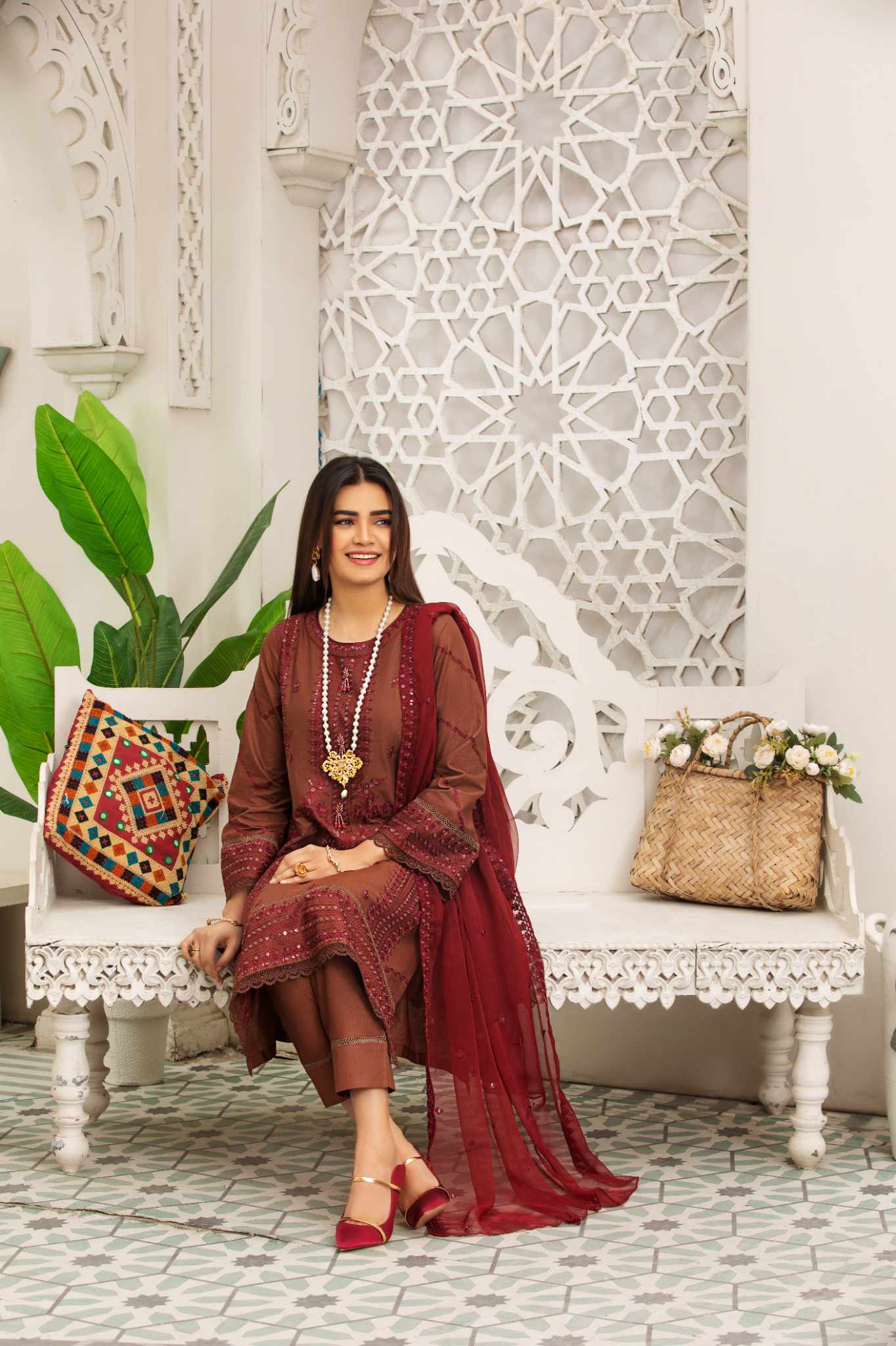 LUSH MAROON 3 Pc Cambric Cotton Embroidered Dress with Chiffon Dupatta - Heera's