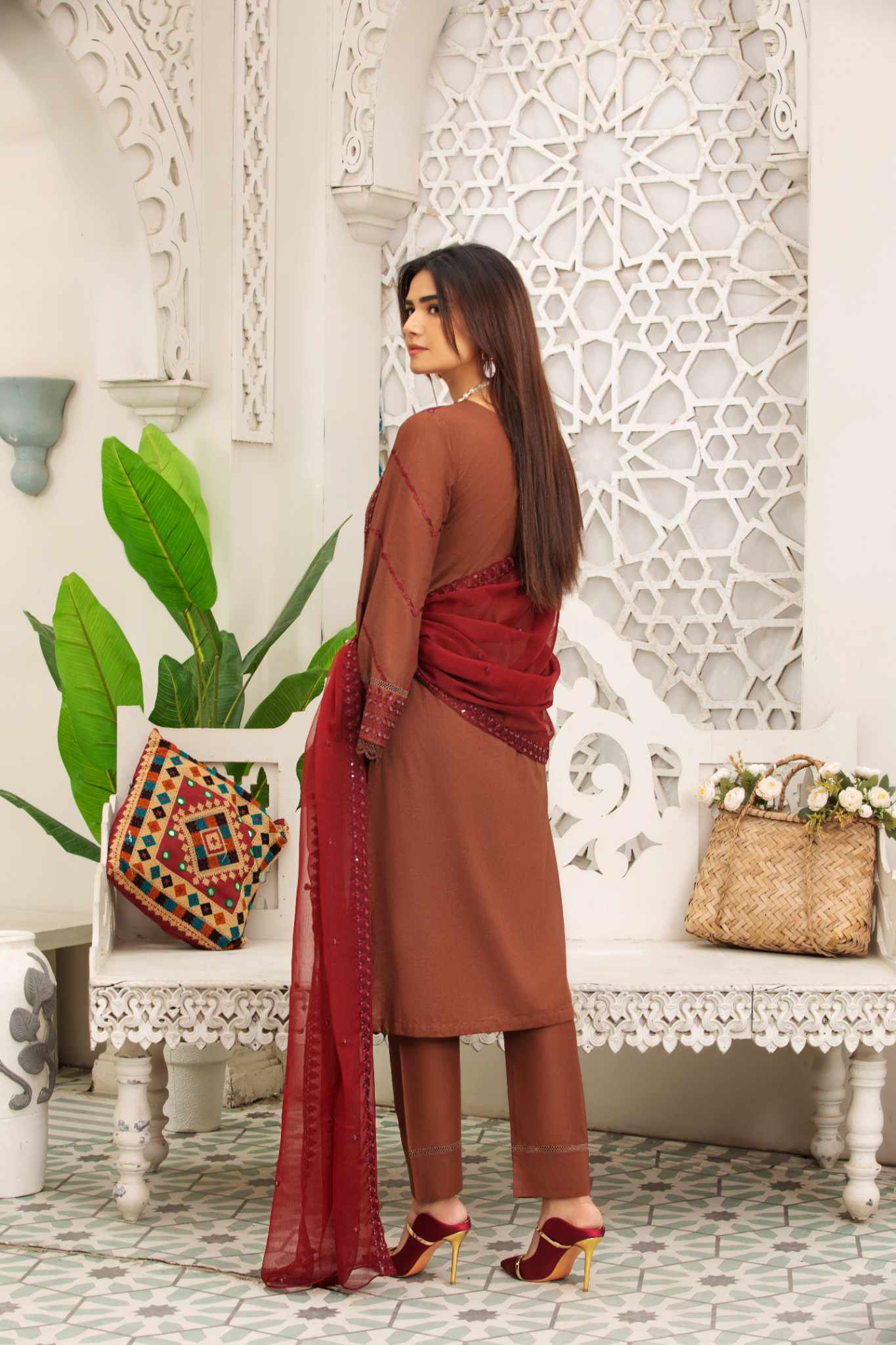 LUSH MAROON 3 Pc Cambric Cotton Embroidered Dress with Chiffon Dupatta - Heera's