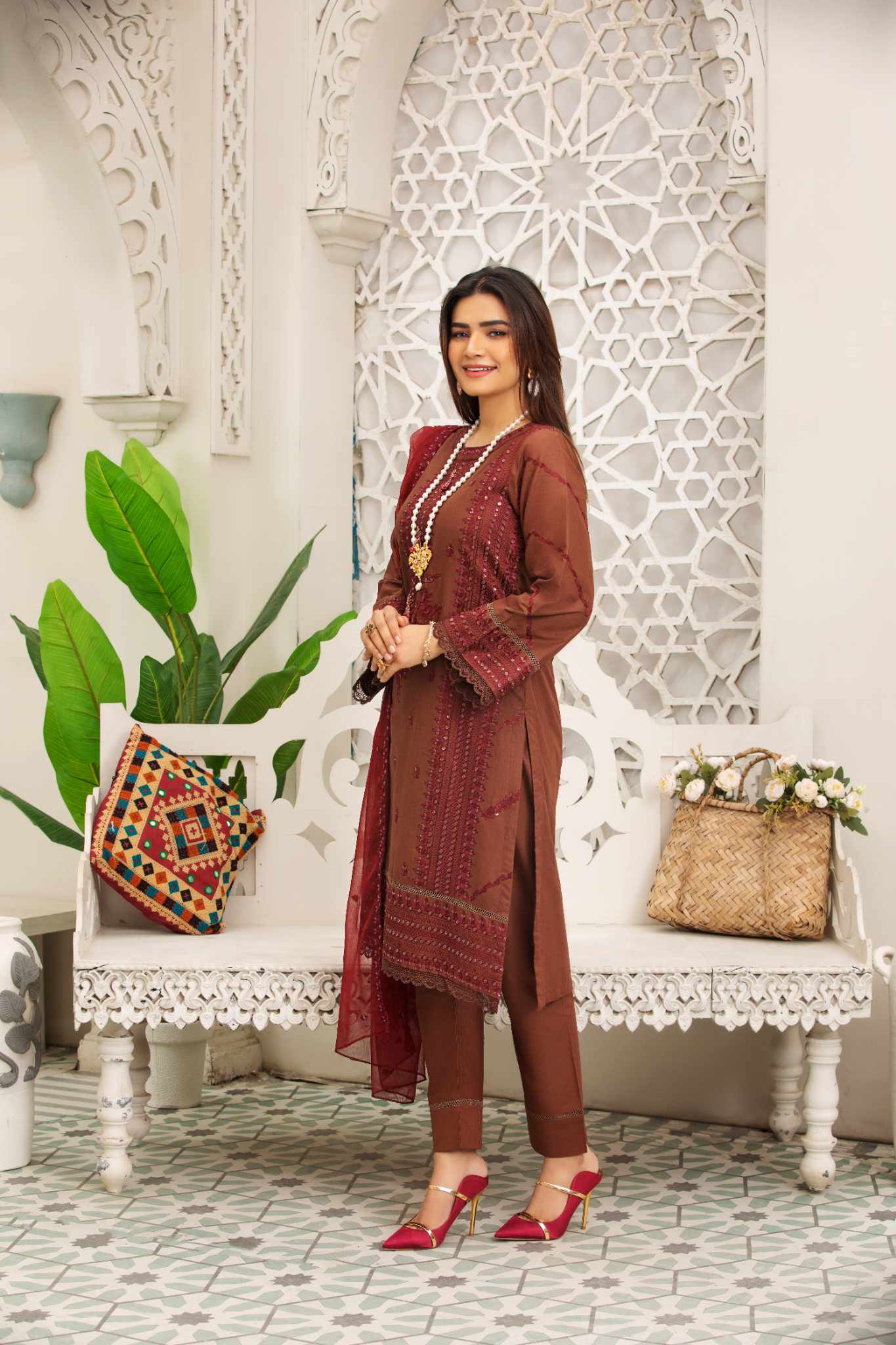LUSH MAROON 3 Pc Cambric Cotton Embroidered Dress with Chiffon Dupatta - Heera's