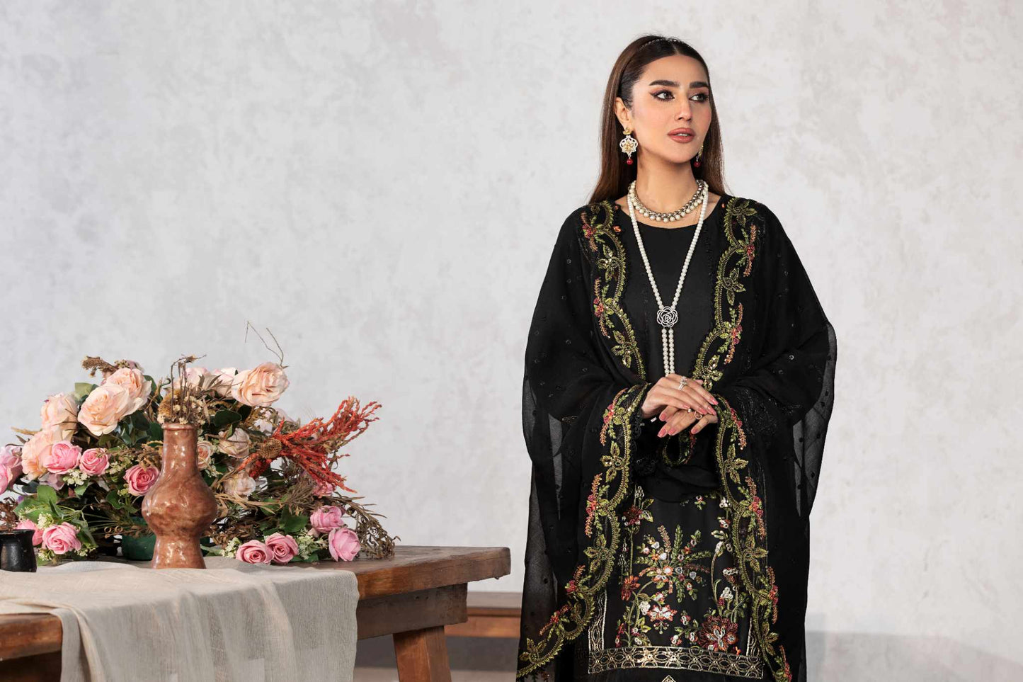 LUSH BLACK FLORA 3 Pc Cambric Cotton Embroidered Dress  - Heera's