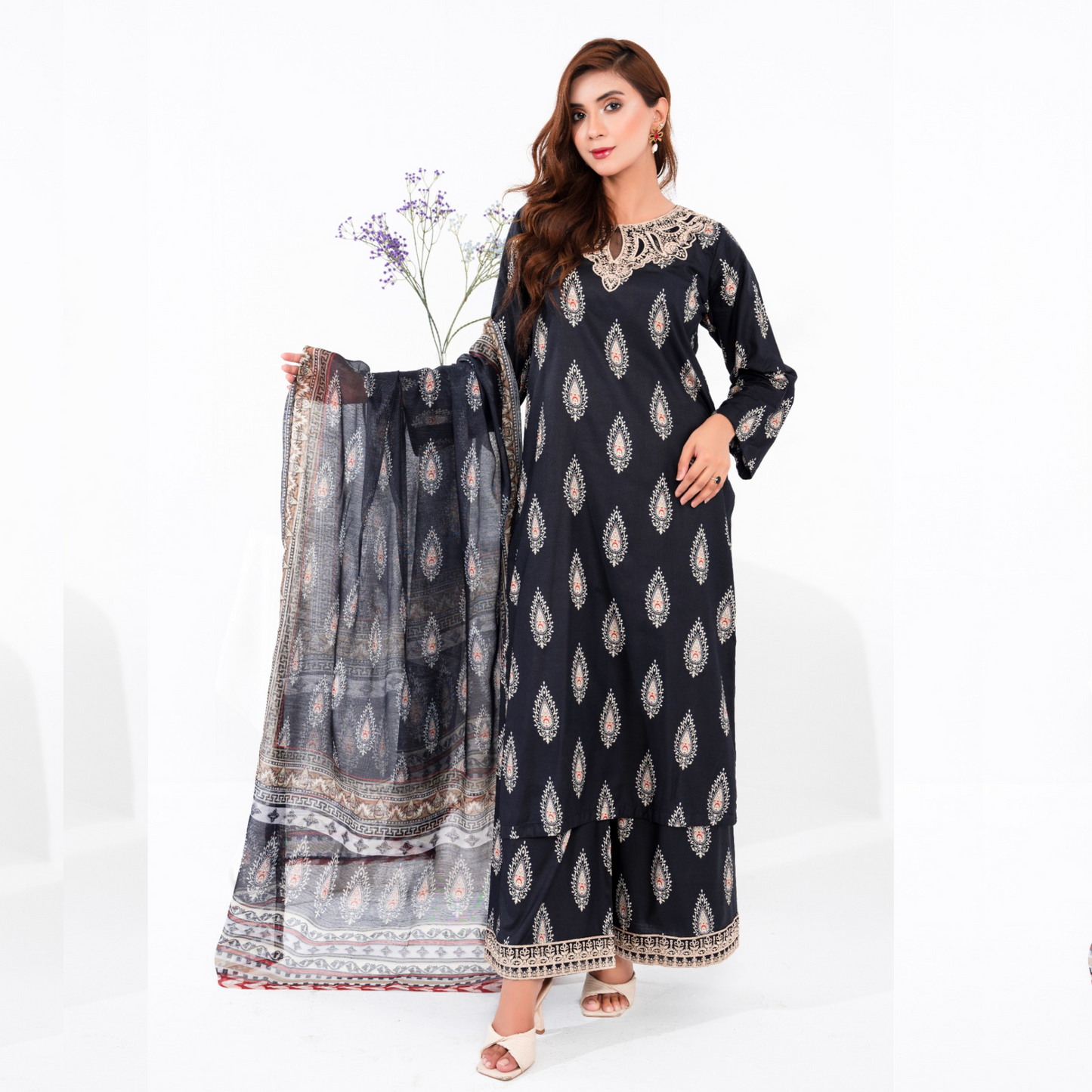(Black) 3 Pc Printed Floral Embroidered Linen Dress Winter Wear | Raniya.h