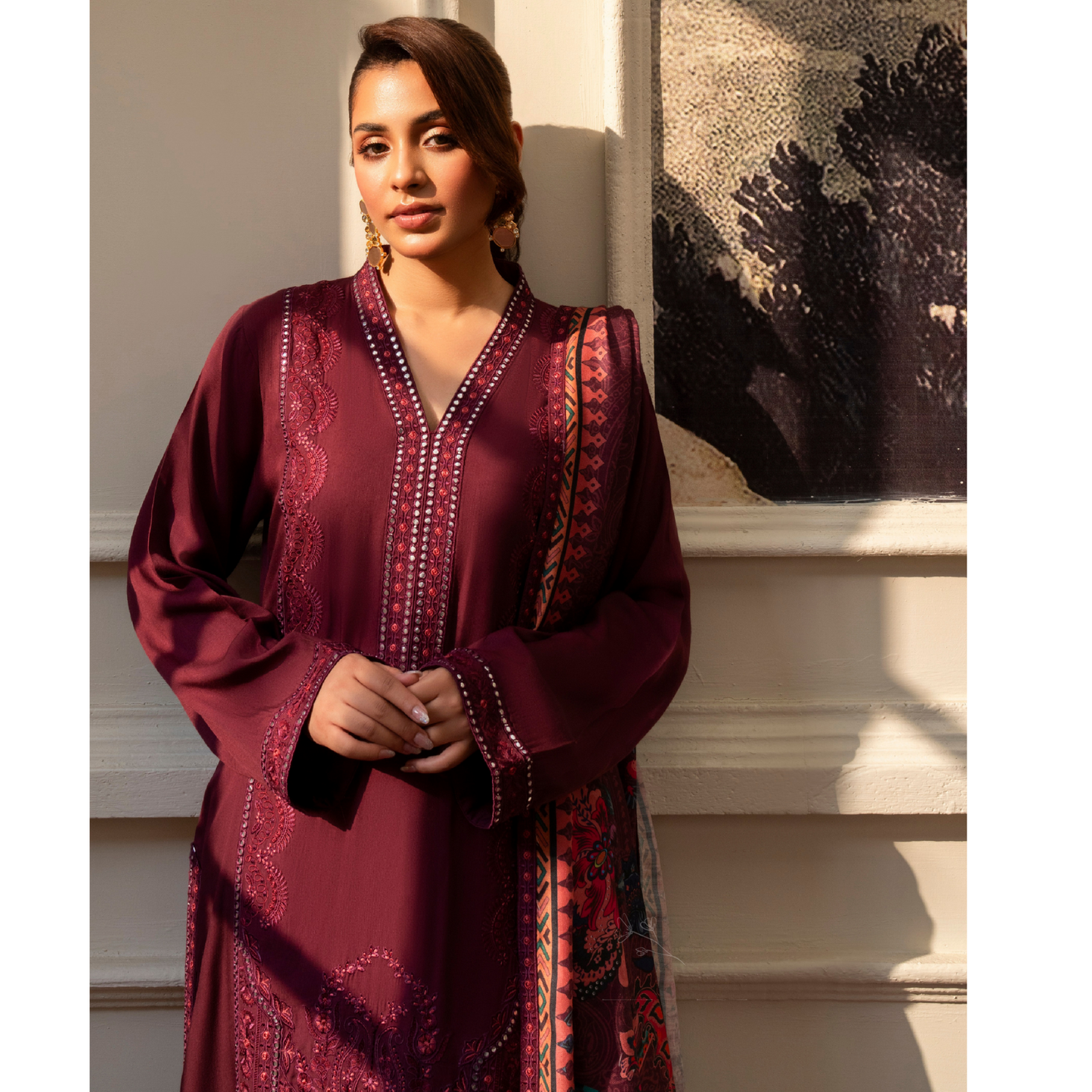 (MAROON) 3Pc Ready to Wear Embroidered Printed Collection | Karma Collection | UMKC0805
