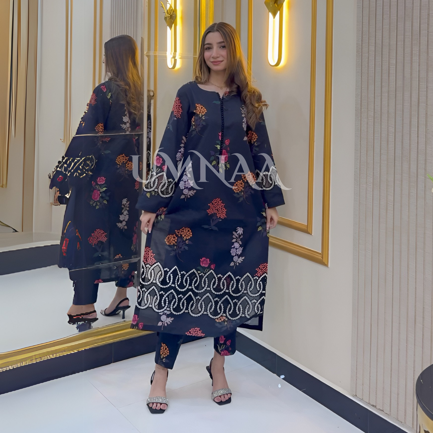 UA-37 (Black) Printed Embroidered Khaddar 3 Pc Dress | Ready to wear | UMNAA