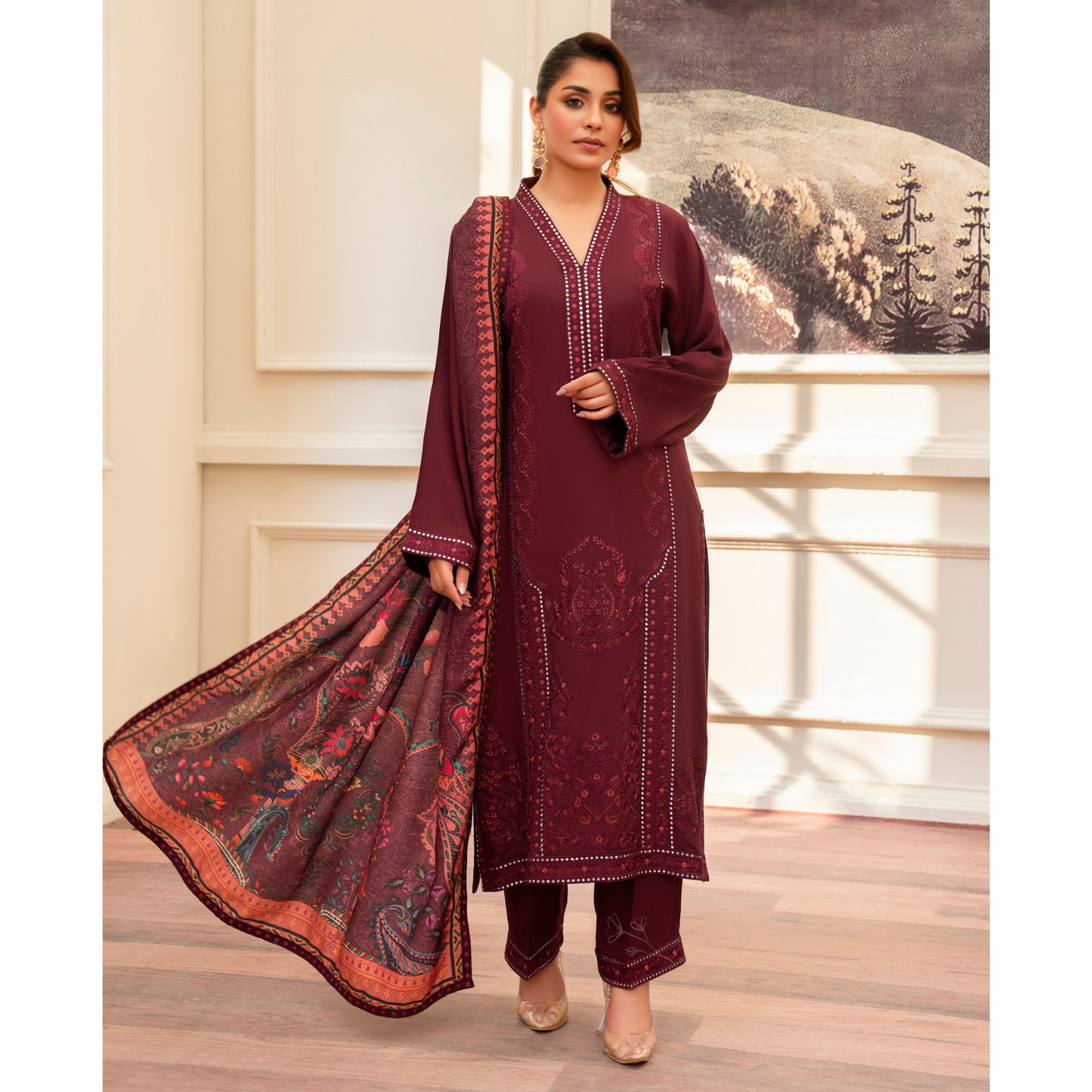 (MAROON) 3Pc Ready to Wear Embroidered Printed Collection | Karma Collection | UMKC0805