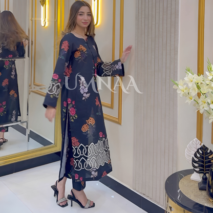 UA-37 (Black) Printed Embroidered Khaddar 3 Pc Dress | Ready to wear | UMNAA