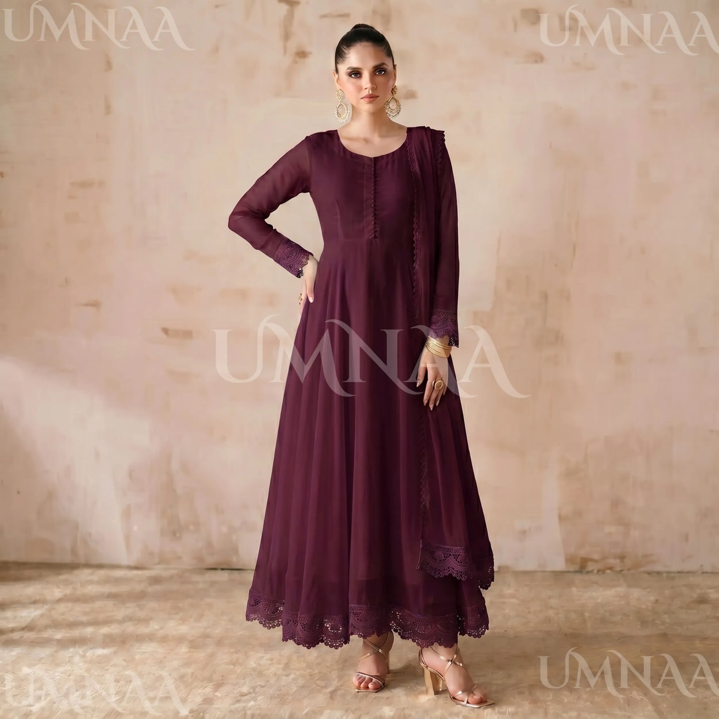 UA-204 Luxury Embroidered Chiffon Frock Collection 3 Pc | Ready to Wear | Umnaa