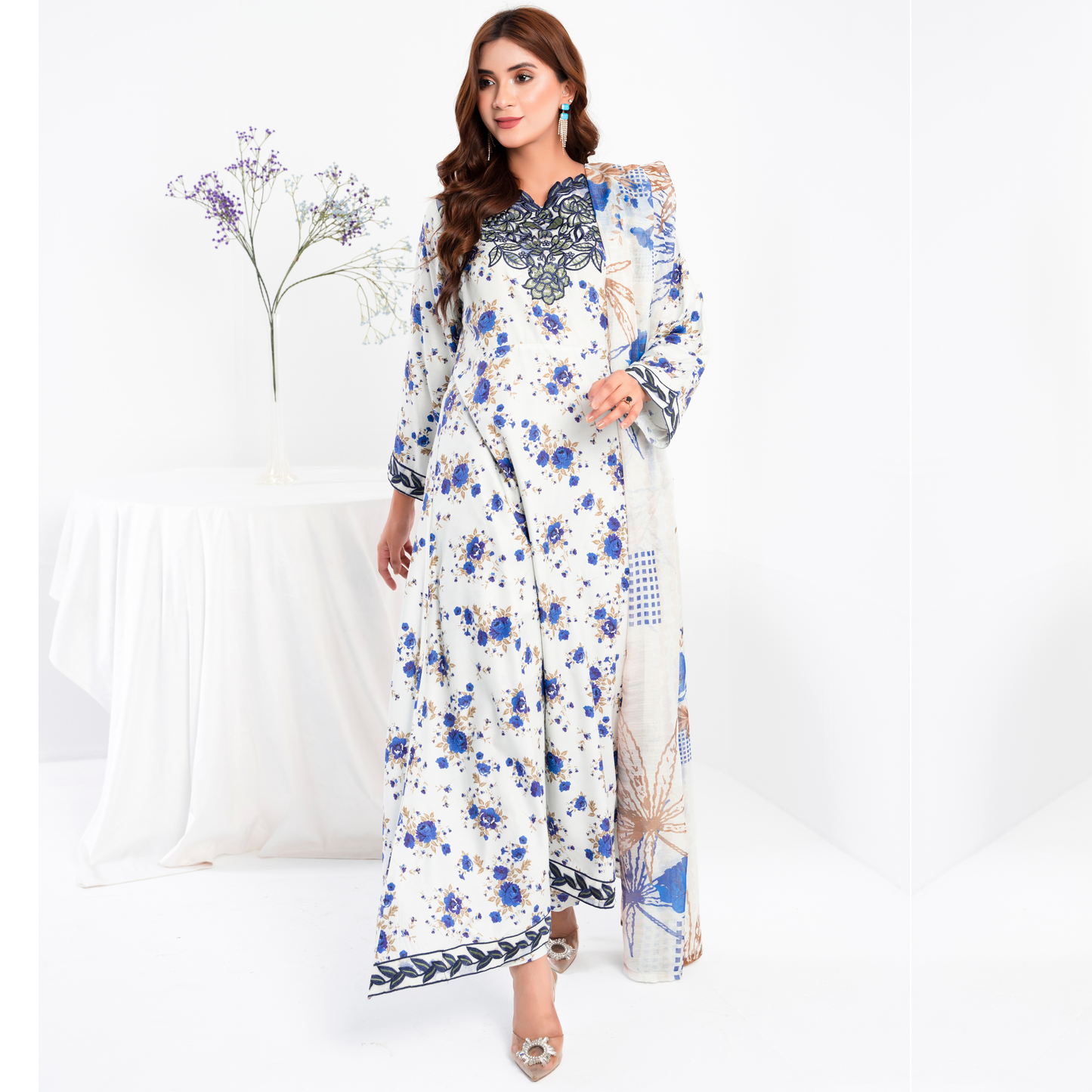 (White) 3 Pc Printed Floral Embroidered Linen Dress Winter Wear | Raniya.h