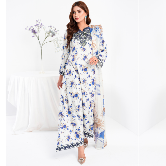 (White) 3 Pc Printed Floral Embroidered Linen Dress Winter Wear | Raniya.h