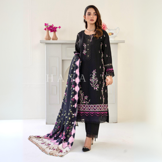 (Black) 3 Pc Embroidered Khaddar Collection with Shawl | Ready to wear| Hayats