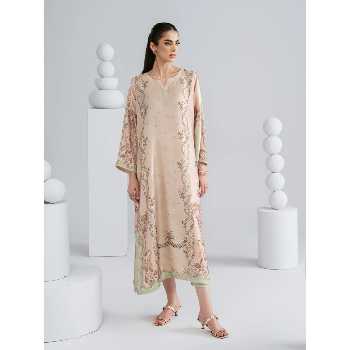 UAL-08 Printed Silk Kaftan with Trouser 2 Pc Set | Ally's