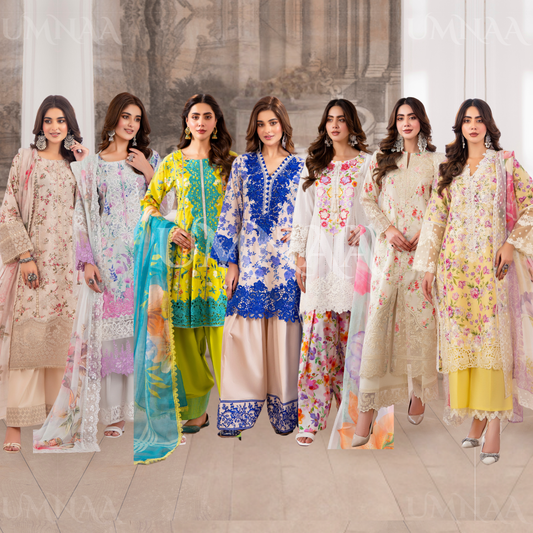 3 Pc Printed Floral Embroidered Trendy farshi Shalwar Collection karma collection