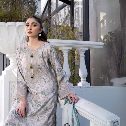 3 Pc Embroidered Printed Dress with Dhanak Wool Shawl | Winter Collection | Raniya.h | UMRAH0503