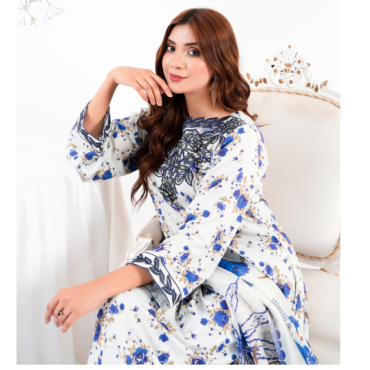 (White) 3 Pc Printed Floral Embroidered Linen Dress Winter Wear | Raniya.h