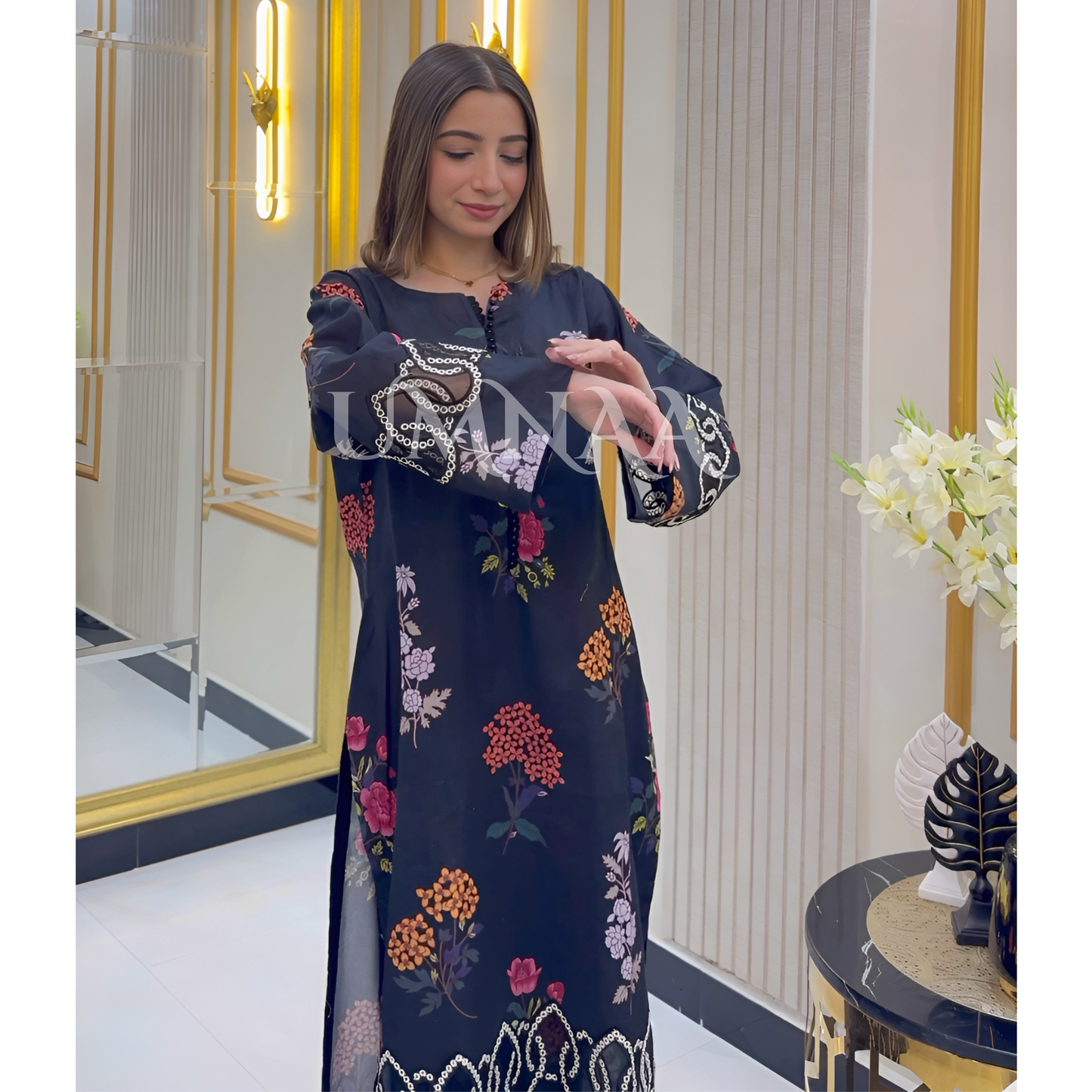 UA-37 (Black) Printed Embroidered Khaddar 3 Pc Dress | Ready to wear | UMNAA
