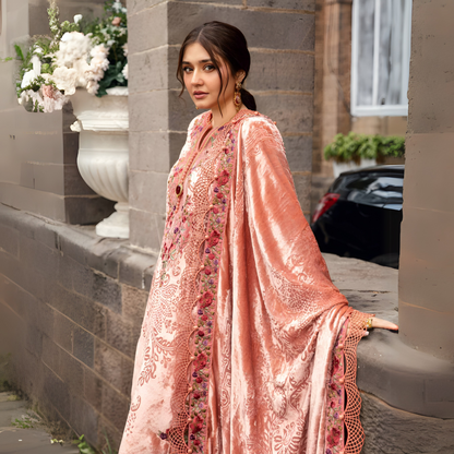 (Peach Pink) Embroidered Luxury Velvet Palachi Dress | 3 Pc | Winter Collection | MARIA.B