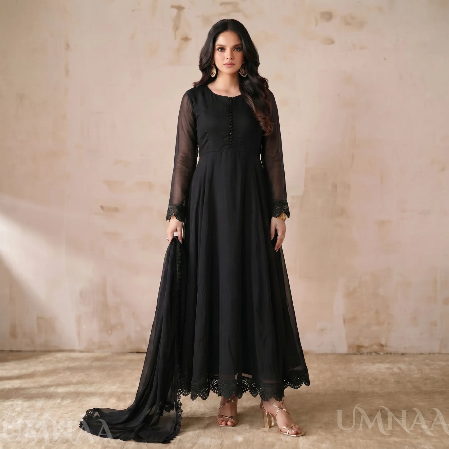 UA-204 Luxury Embroidered Chiffon Frock Collection 3 Pc | Ready to Wear | Umnaa
