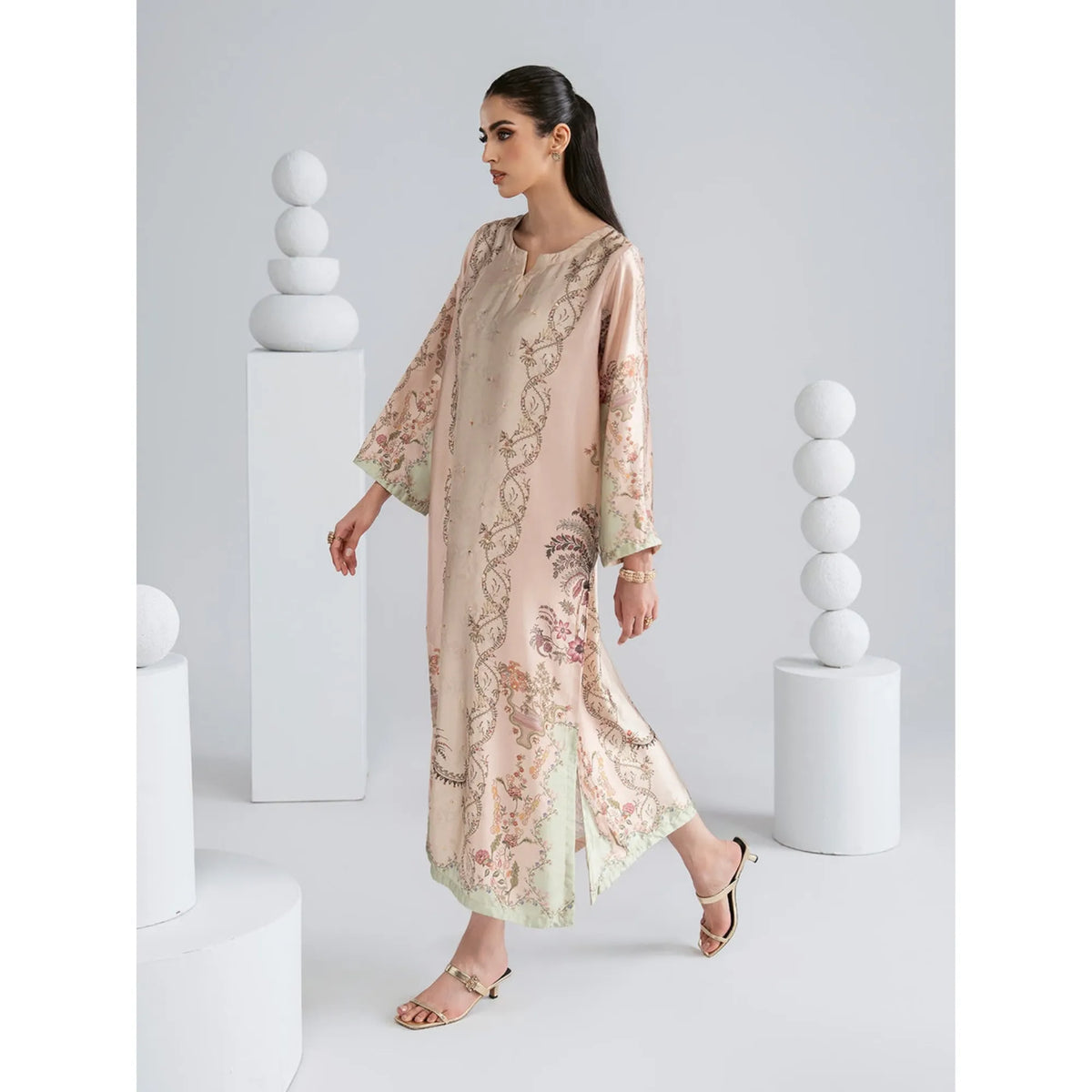 UAL-08 Printed Silk Kaftan with Trouser 2 Pc Set | Ally's