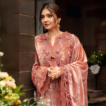 (Peach Pink) Embroidered Luxury Velvet Palachi Dress | 3 Pc | Winter Collection | MARIA.B