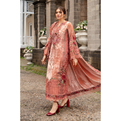(Peach Pink) Embroidered Luxury Velvet Palachi Dress | 3 Pc | Winter Collection | MARIA.B
